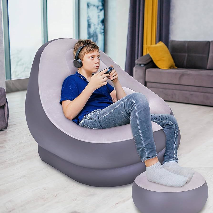 Inflatable Sofa Chair with Footstool & Air Pump | 1 Seater Portable Couch Lounger for Indoor & Outdoor Use | Living Room, Bedroom, Balcony, Garden Recliner | PVC Material | Multicolor/Brown