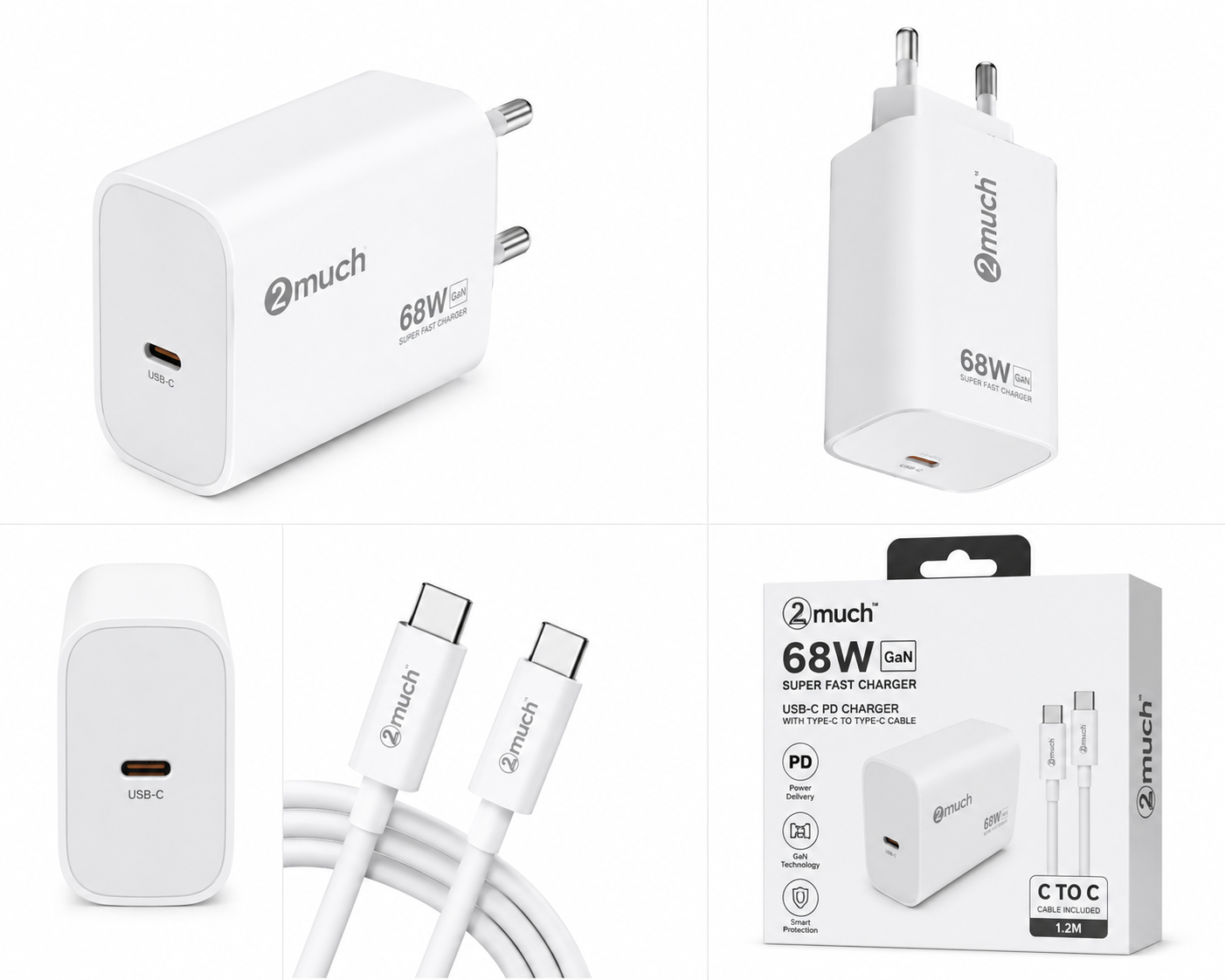 2Much 68W USB-C PD Fast Charger | Type-C to Type-C Cable Included | 68W Super Fast Charging Adapter | PD 3.0 & QC Support | White