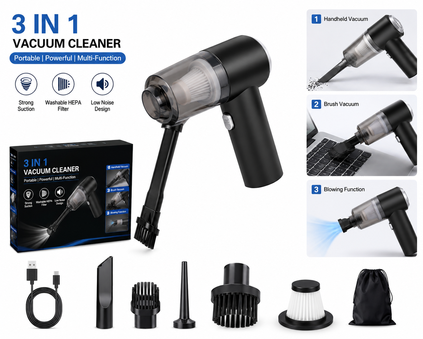 3-in-1 Portable Vacuum Cleaner – Handheld Vacuum, Brush Cleaner & Air Blower with Washable HEPA Filter
